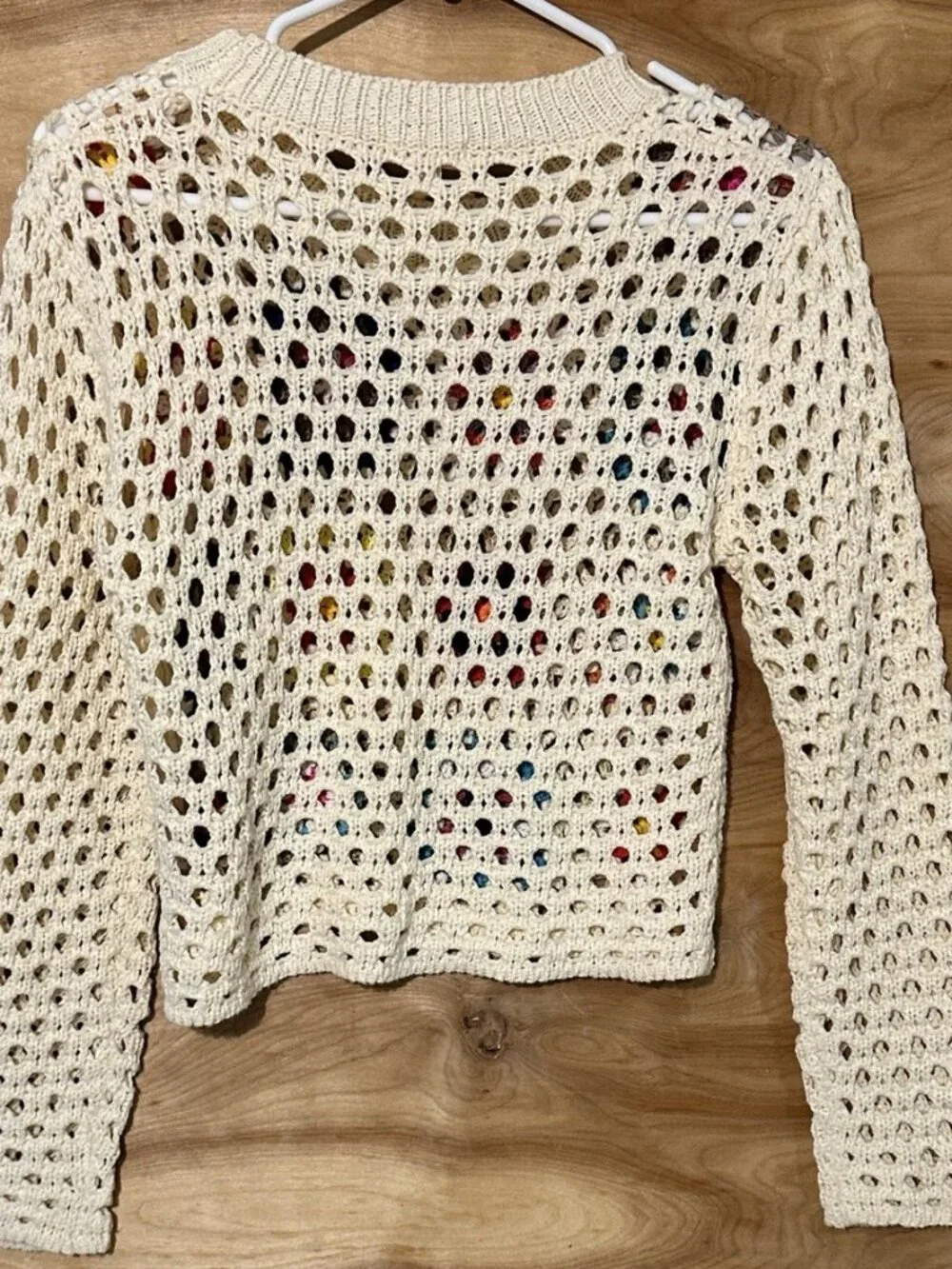 Debut Granny Square Crochet Pullover Sweater Cropped Open Knit Cream Flower XS